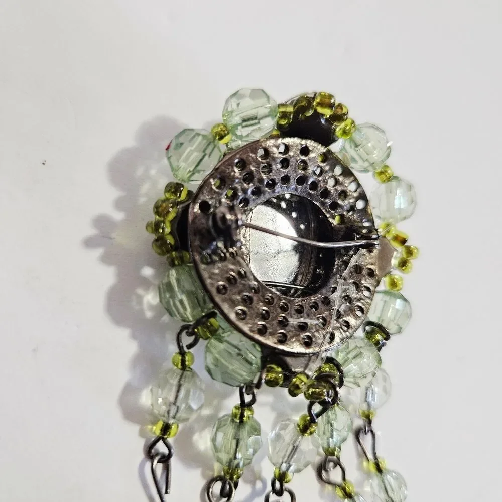 Vintage Victorian Revival Green Rhinestone Beaded Dangle Teardrop Brooch Pin